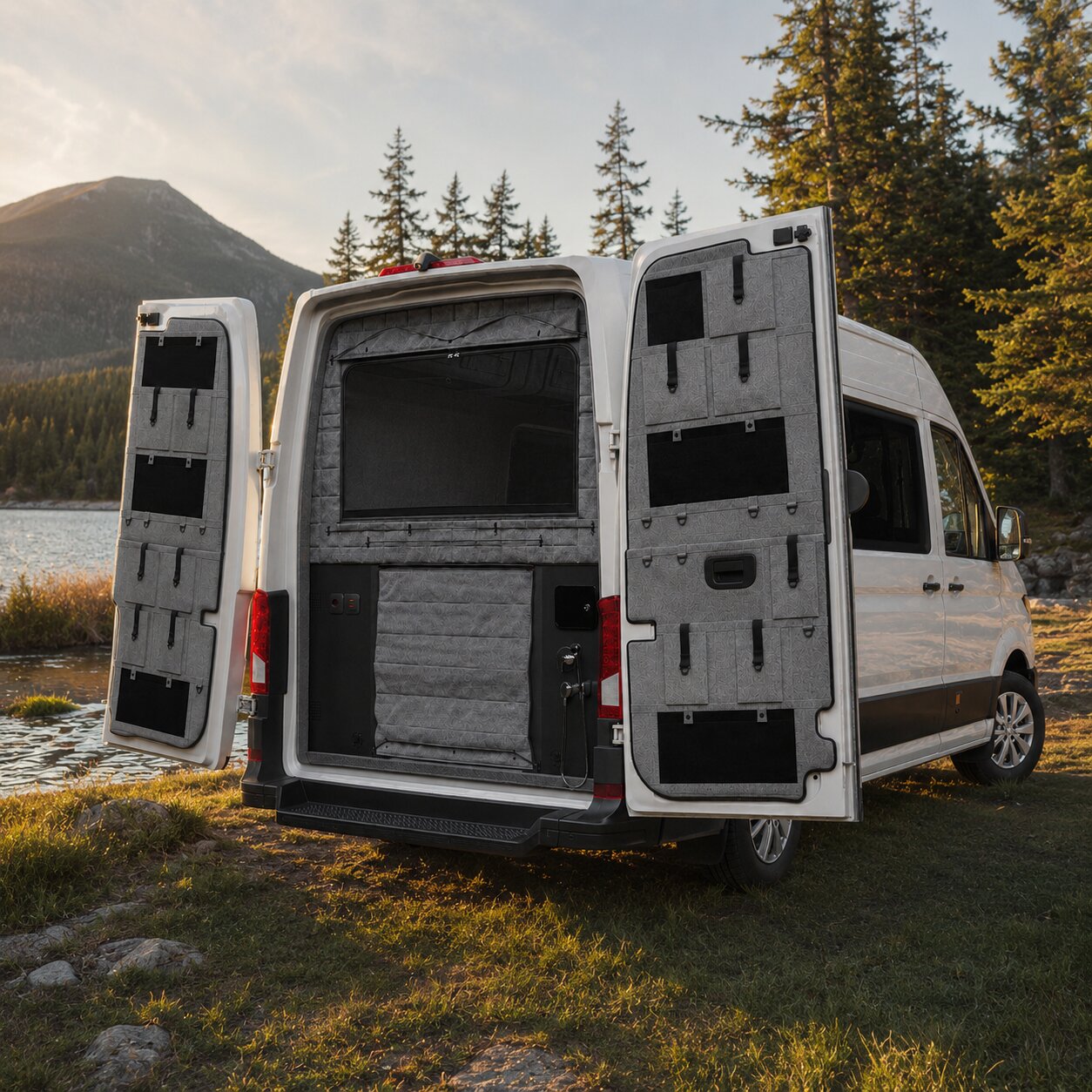 Campervan ved vannet med åpne bakdører og Moon Mosquito-myggnettet i åpningen
